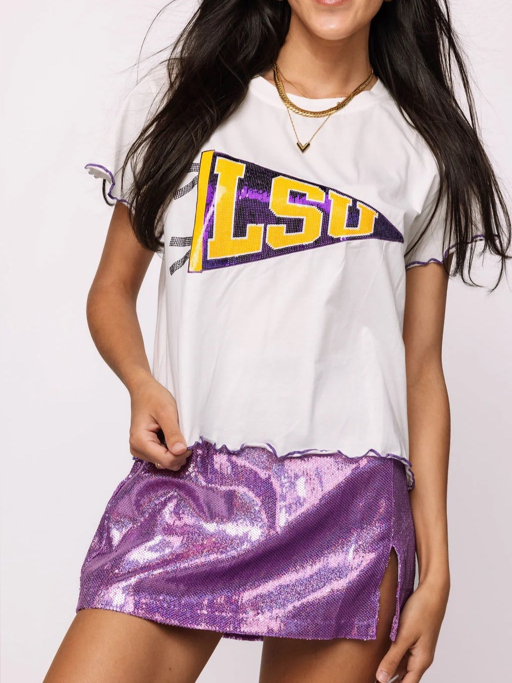 White LSU Sequin Pennant Tee